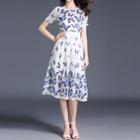 Butterfly Print Short-sleeve A-line Midi Dress