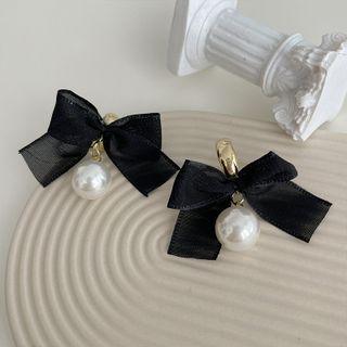 Bow Bead Drop Sterling Silver Ear Stud 1 Pair - Black - One Size