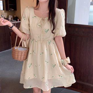 Puff-sleeve Sheer Floral Embroidered Blouse / A-line Mini Dress