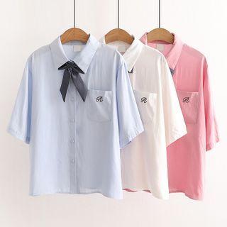 Set: Bow Tie + Short-sleeve Letter Embroidered Shirt