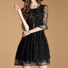 Set: Dotted Elbow Sleeve Dress + Lace Slipdress