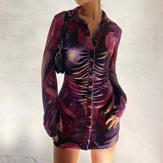 Printed Long Sleeve Sheath Mini Dress