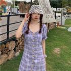 Puff-sleeve Plaid Mini A-line Dress Skirt - Purple - One Size