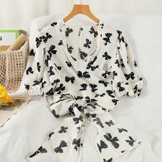 Short-sleeve Bow Print Bow Back Blouse