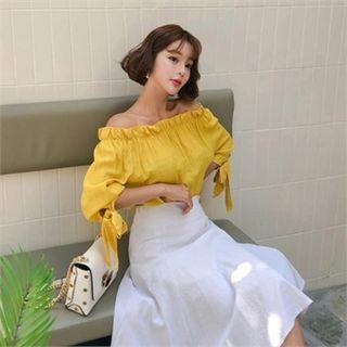 Off-shoulder Tie-sleeve Frilled Blouse