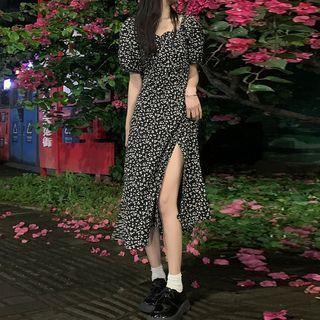 Puff-sleeve Square-neck Floral Side Slit Dress