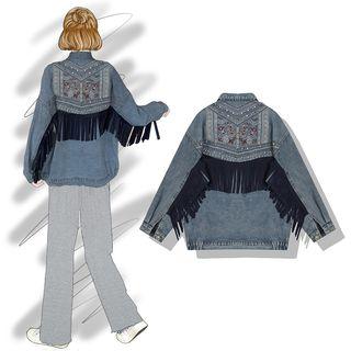Fringed Trim Denim Jacket Blue - One Size