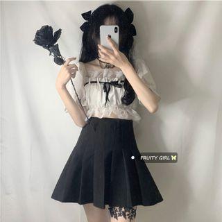 Short-sleeve Drawstring Ruffle Trim Blouse / High-waist Pleated Skirt