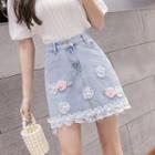 Embellished Mini A-line Denim Skirt