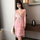 Long-sleeve Velvet Wrap Layer Dress