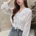 Ruffle Trim V-neck Polka Dot Blouse As Shown In Figure - One Size