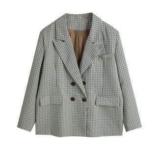 Double Breasted Plaid Blazer Bluish Green - One Size