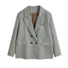 Double Breasted Plaid Blazer Bluish Green - One Size