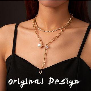 Set: Rhinestone Necklace + Faux Pearl Chain Necklace Set Of 2 - Nz962 - Rhinestone Necklace & Faux Pearl Chain Necklace - Gold - One Size