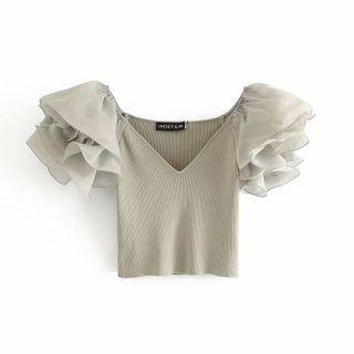 Short-sleeve Mesh Ruffled Top