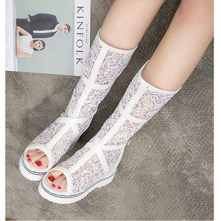 Platform Peep Toe Mid Calf Boots