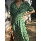 Elbow-sleeve Floral Print Midi A-line Dress Green - One Size