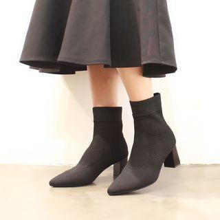 Knit Fabric Block Heel Short Boots