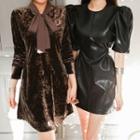 Puff-shoulder Faux-leather Minidress