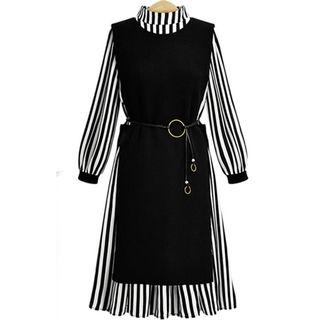 Set: Mock-neck Striped Long-sleeve Midi A-line Dress + Knit Vest Dress