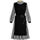 Set: Mock-neck Striped Long-sleeve Midi A-line Dress + Knit Vest Dress