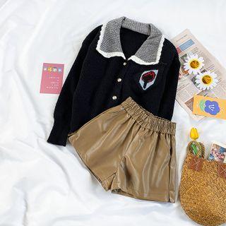 Contrast Collar Knit Cardigan / Faux Leather Wide-leg Shorts