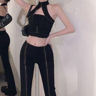 Halter Denim Crop Tank Top / Zip-up Straight Leg Pants