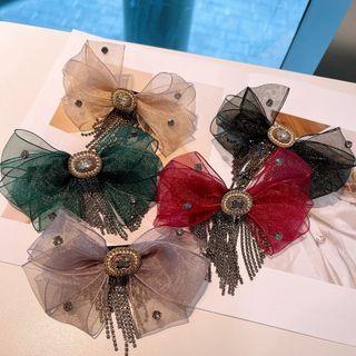 Bow Organza Rhinestone Fringed Hair Clip