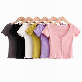 Lettuce Edge Short-sleeve Button Cropped T-shirt