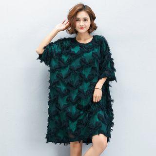 Fringe Trim Elbow-sleeve Dress