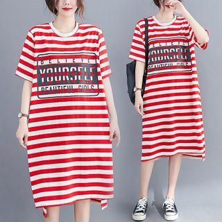 Lettering Striped Short-sleeve Midi T-shirt Dress As Shown In Figure - One Size