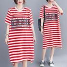 Lettering Striped Short-sleeve Midi T-shirt Dress As Shown In Figure - One Size