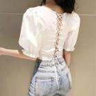 Lace-up Back Elbow-sleeve Cropped Blouse