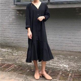 Long-sleeve Ruffled Midi Dress