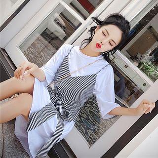 Set:plain Short-sleeve Midi Dress + Ribbon Plaid Camisole Top White + Black - One Size
