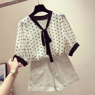 Elbow-sleeve Polka Dot Tie-neck Chiffon Blouse