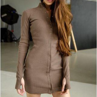 Buttoned Ribbed Long-sleeve Mini Sheath Dress