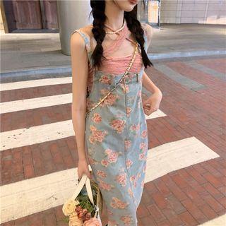 Floral Print Denim Midi Overall Dress / Halter-neck Top