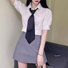 Puff-sleeve Cropped Blouse / Necktie / Mini A-line Skirt / Set