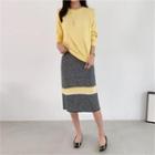 Set: Drop-shoulder Knit Top + Color-block Midi Skirt