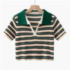 Short-sleeve Polo Neck Striped Knit Top Stripes - Green - One Size