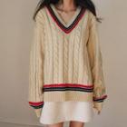 V-neck Contrast Trim Cable Knit Sweater As Shown In Figure - One Size