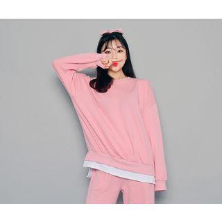 Set: Contrast-trim Cotton Pullover + Band-waist Pants