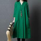 Long-sleeve Asymmetric Buttoned A-line Midi Dress