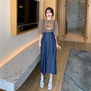 Elbow-sleeve Lettering Print T-shirt / Suspender A-line Midi Skirt