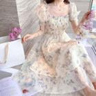 Puff-sleeve Square-neck Ruched Floral Chiffon Dress