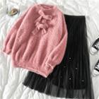 Bow-accent Loose-fit Sweater / Mesh Midi Skirt