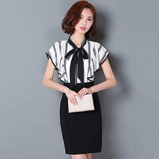 Set: Short-sleeve Tie-neck Striped Blouse + Plain Skirt