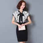 Set: Short-sleeve Tie-neck Striped Blouse + Plain Skirt
