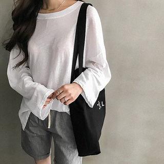Drop-shoulder Long-sleeve Linen Blend T-shirt
